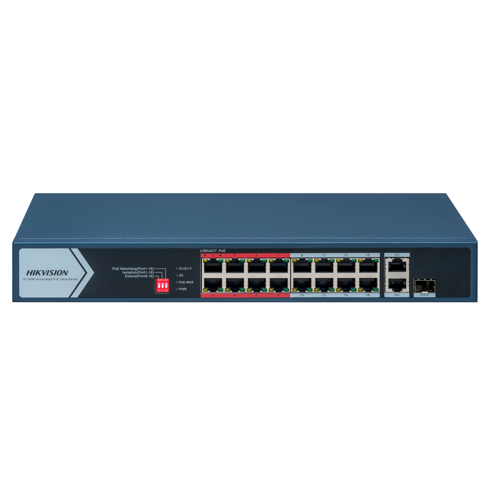 Hikvision Switch PoE Hikvision 16 puertos RJ45 FE + 2 puertos Gigabit RJ45/SFP DS-3E0318P-E/M(C)