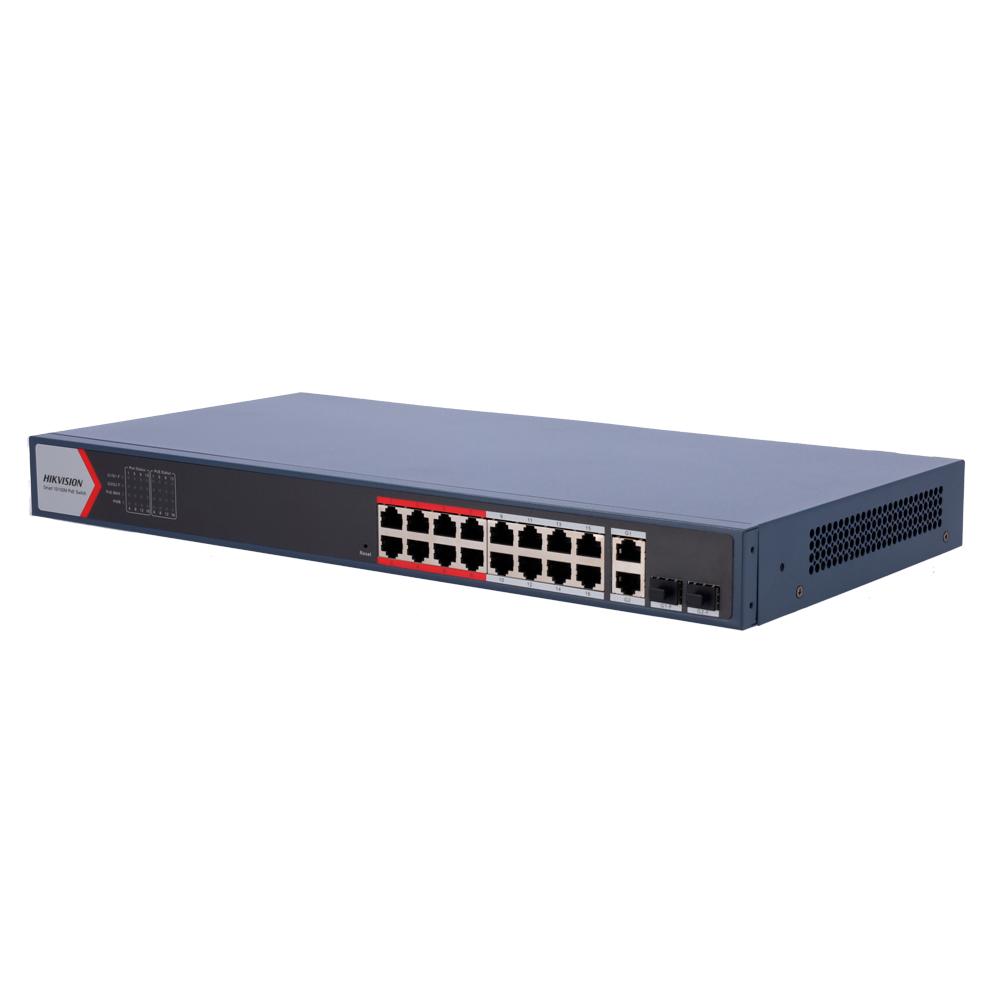 Hikvision Switch PoE Hikvision 16 puertos RJ45 FE + 2 puertos Gigabit RJ45/SFP DS-3E1318P-EI(B)
