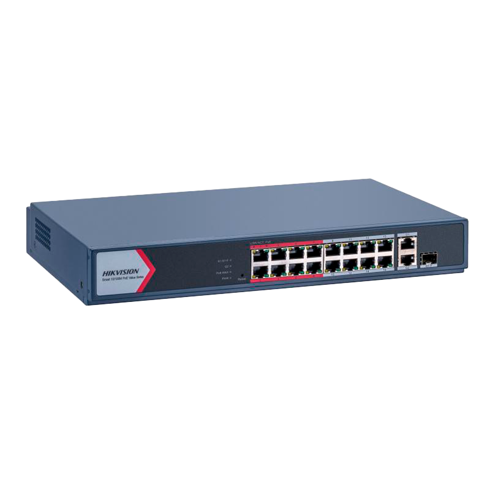 Hikvision Switch PoE Hikvision 16 puertos RJ45 FE +1 x GE RJ45 + 1x GE RJ45/SFP DS-3E1318P-EI/M