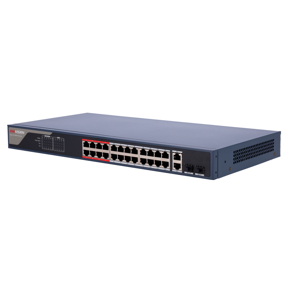 Hikvision Switch PoE Hikvision 24 puertos RJ45 FE + 2 puertos Gigabit RJ45/SFP DS-3E1326P-EI(B)
