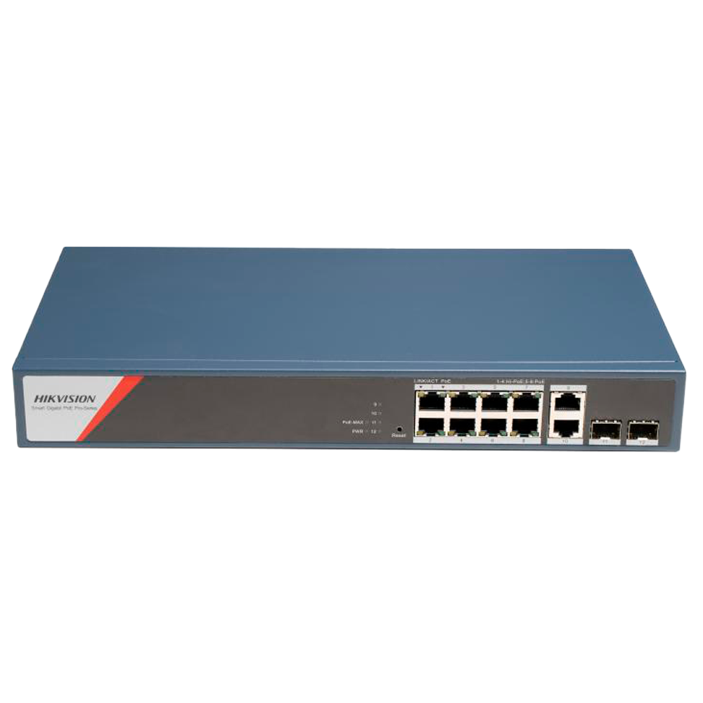 Hikvision Switch PoE Hikvision 8 puertos RJ45 GE + 2 puertos Gigabit RJ45/SFP DS-3E1512HP-SI-8P2T2F