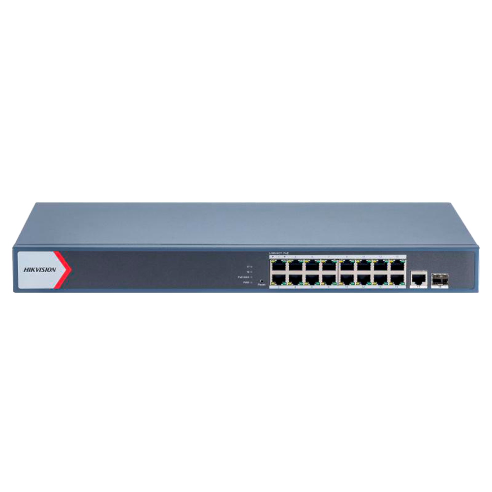 Hikvision Switch PoE Hikvision 16 puertos RJ45 GE + 1 puerto Gigabit RJ45/SFP DS-3E1518P-EI