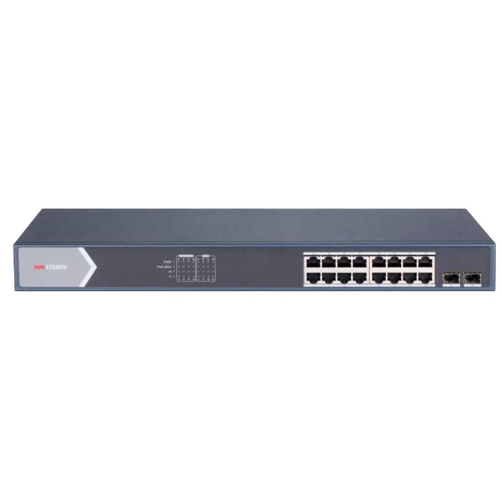 Hikvision Switch PoE Hikvision 16 puertos RJ45 GE + 2 puertos Gigabit SFP DS-3E1518P-SI
