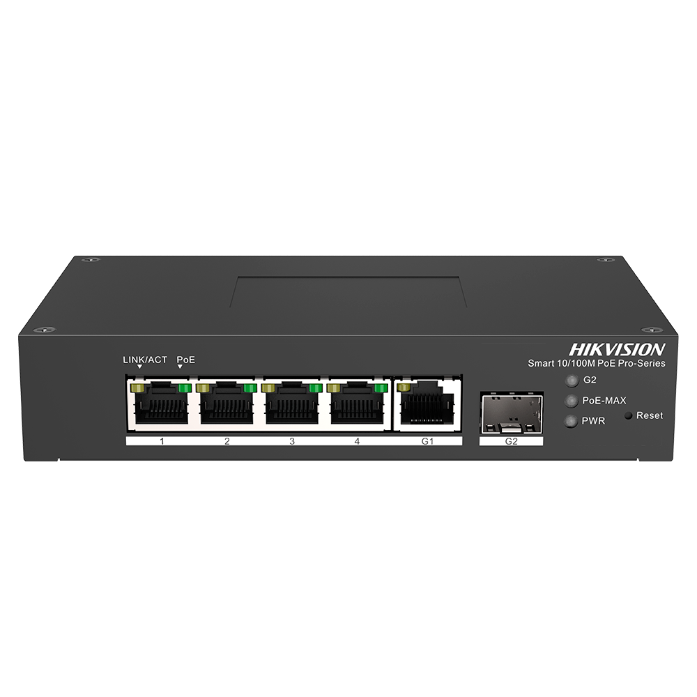 Hikvision Switch PoE Hikvision 4 puertos RJ45 FE + 1 puerto Gigabit RJ45/SFP DS-3T1306P-SI/HS