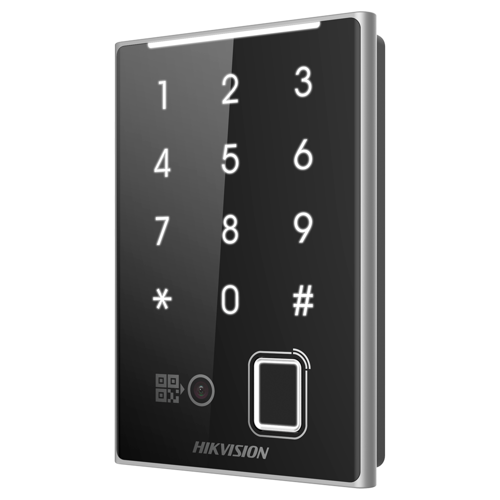 Hikvision Lector de acceso Acceso por huella, tarjeta MF DESFire, QR y PIN DS-K1109DKFB-QR