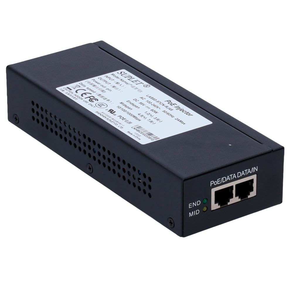 Hikvision Inyector PoE Entrada/Salida RJ45 10/100/1000 Mbps POE,LAS60-57CN-RJ45,60W