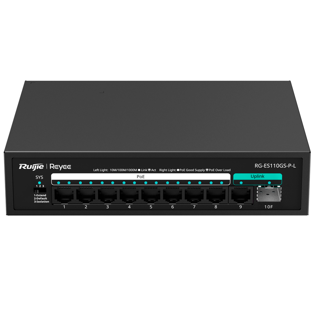 Reyee Switch PoE Sobremesa 8 Puertos RJ45 + 1 Uplink RJ45 + 1 Uplink SFP RG-ES110GS-P-L