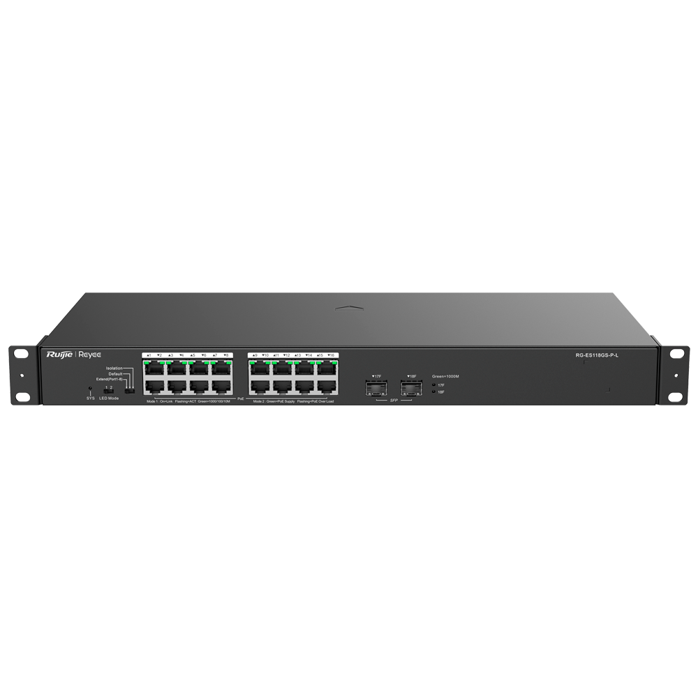 Reyee Switch PoE Sobremesa 16 Puertos RJ45 + 2 Uplink SFP RG-ES118GS-P-L