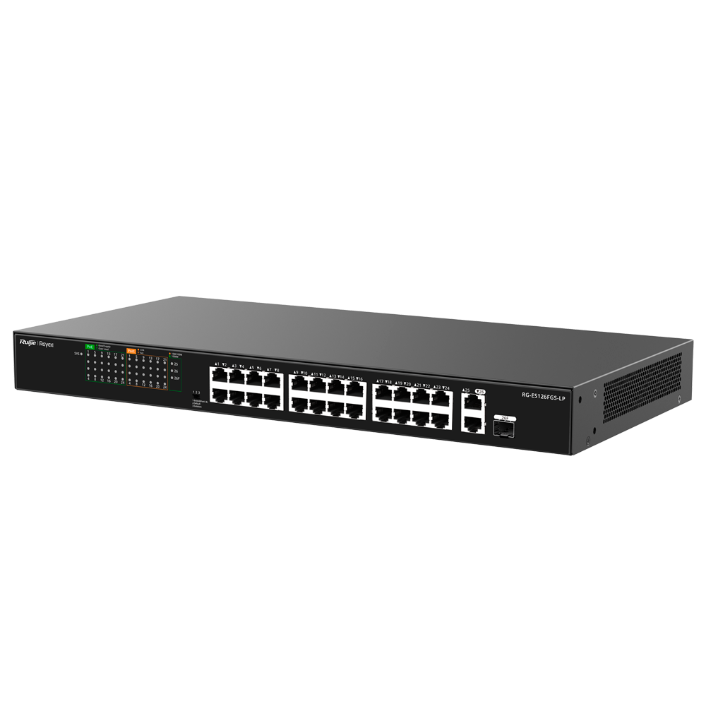 Reyee Switch PoE Enracable 24 Puertos RJ45 + 1 Uplink RJ45 + 1 SFP Combo RG-ES126FGS-LP