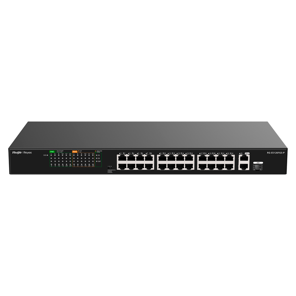 Reyee Switch PoE Sobremesa 24 Puertos RJ45 + 1 Uplink RJ45 + 1 SFP Combo RG-ES126FGS-P