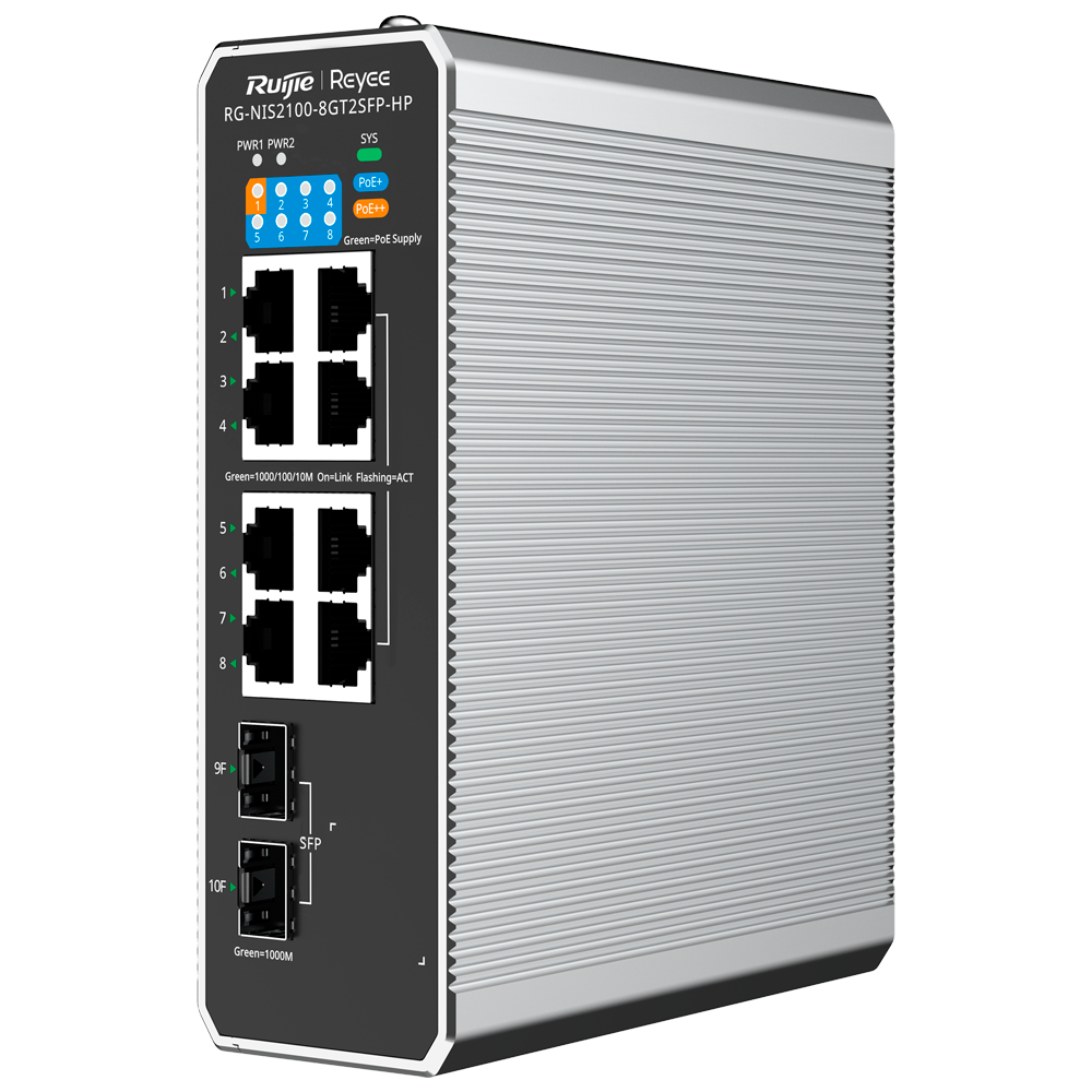 Reyee Switch Industrial PoE Cloud Capa 2 RG-NIS2100-8GT2SFP-HP