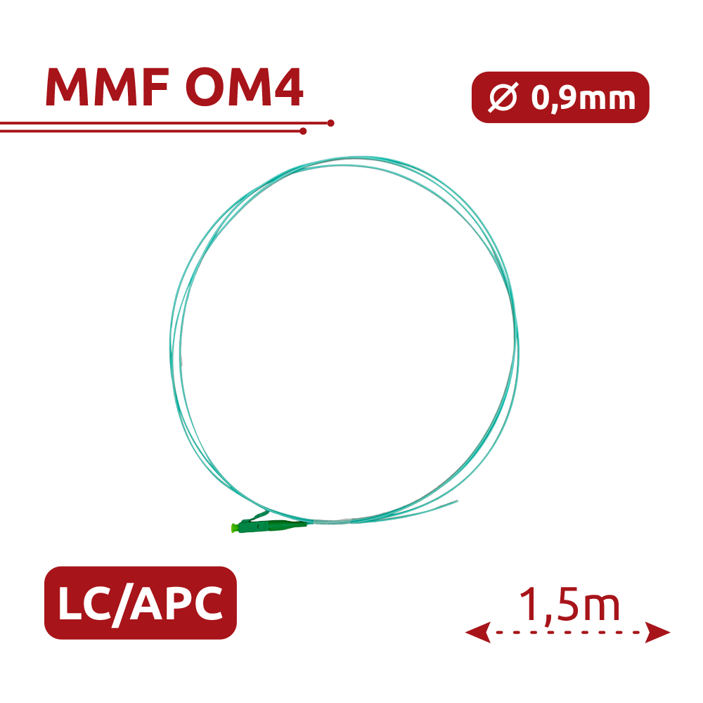 Safire Pigtail de fibra óptica simplex color aqua SF-LC-APC-OM4-0015M-D09-A