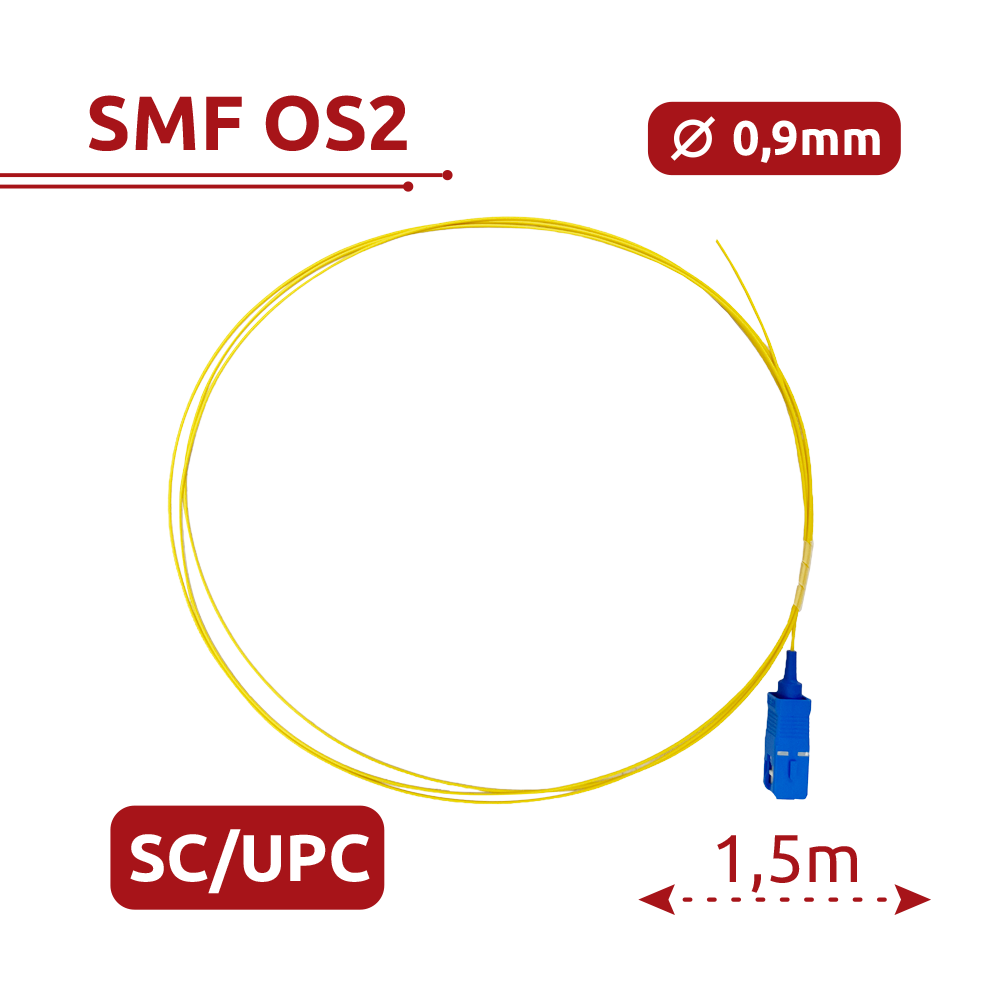 Safire Pigtail de fibra óptica simplex color amarillo SF-SC-UPC-OS2-0015M-D09-Y