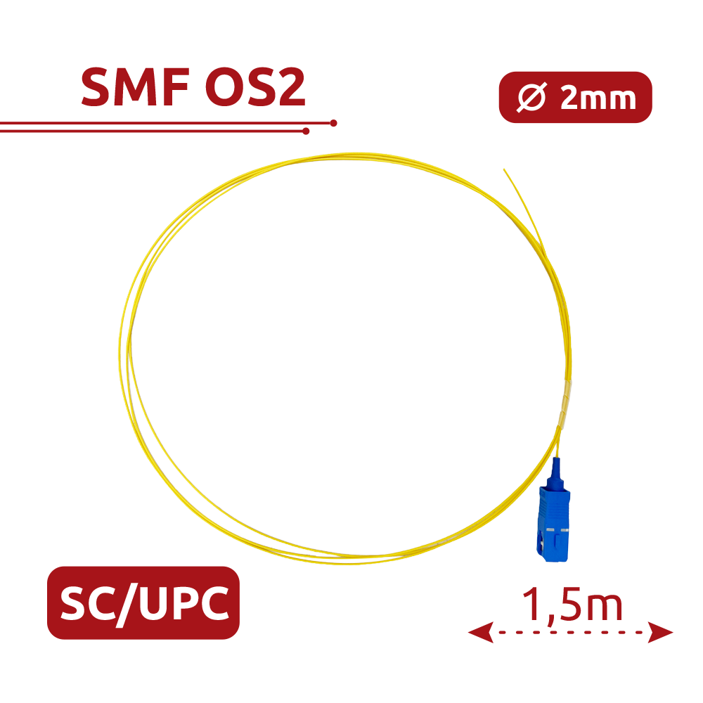 Safire Pigtail de fibra óptica simplex color amarillo SF-SC-UPC-OS2-0015M-D20-Y