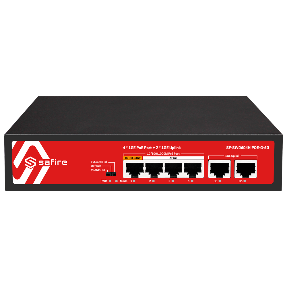 Safire Switch PoE 4 puertos PoE + 2 Uplink RJ45 SF-SW0604HIPOE-G-60
