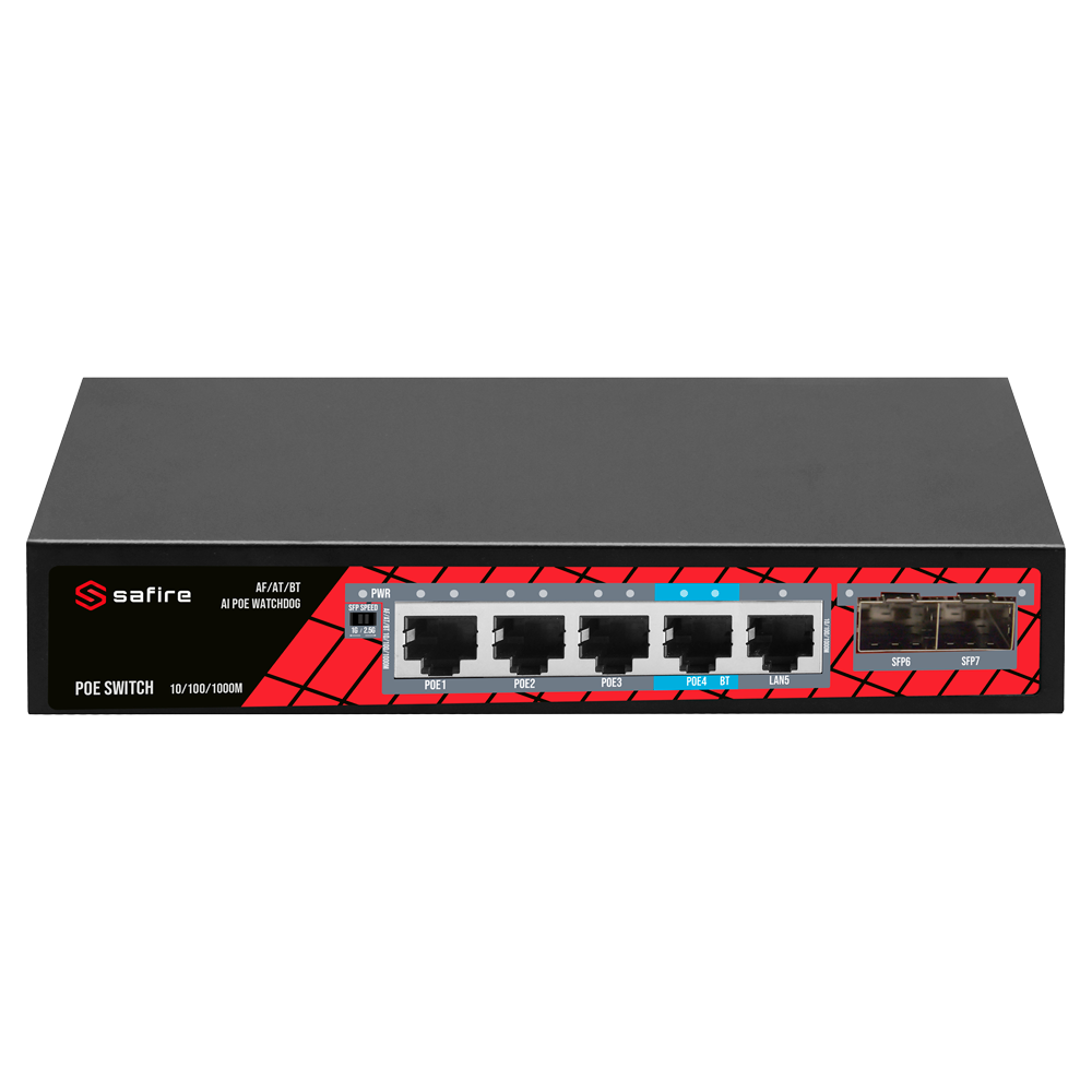 Safire Switch PoE 4 puertos PoE + 1 Uplink RJ45 + 2 SFP (1G/2,5G) SF-SW0704HIPOE-GMF-65