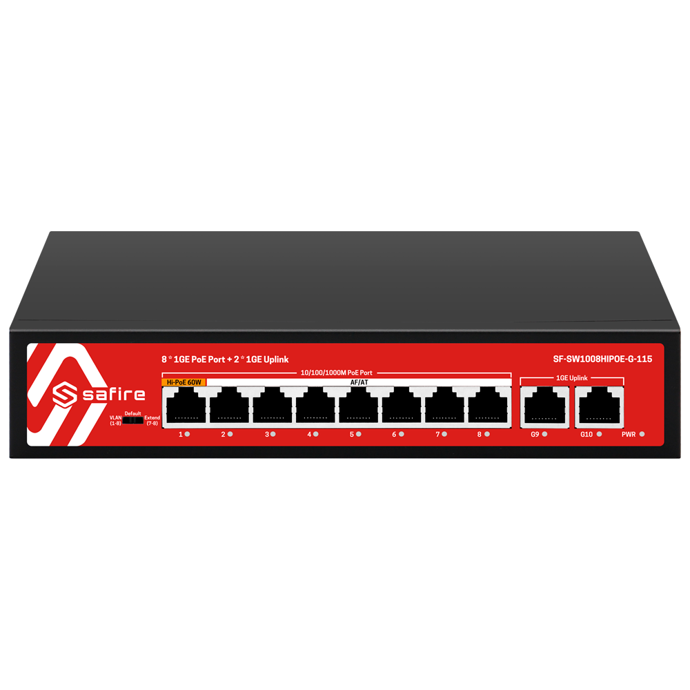 Safire Switch Hi 8 puertos PoE + 2 Uplink RJ45 SF-SW1008HIPOE-G-115