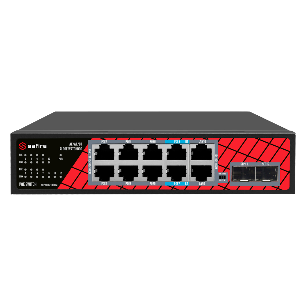 CCTV & Alarmas Safire Switch Hi 8 puertos PoE + 2 SFP + 2 RJ45 SF-SW1208HIPOE-GMF-120
