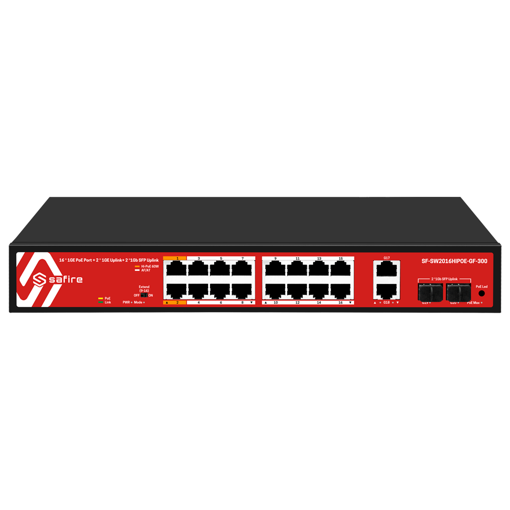 Safire Switch Hi 16 puertos GE PoE + 2 SFP + 2 RJ45 SF-SW2016HIPOE-GF-300