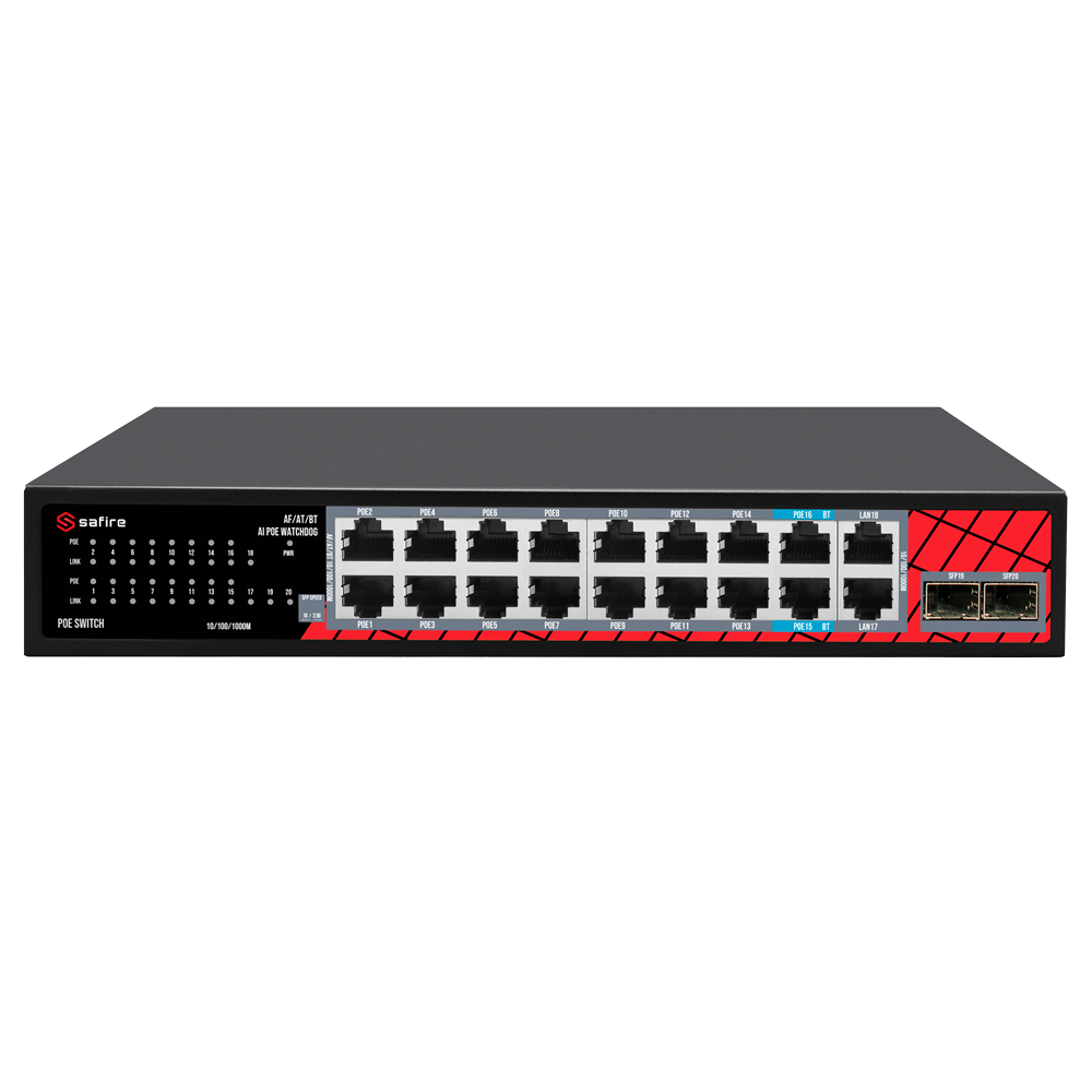 Safire Switch Hi 16 puertos GE PoE + 2 SFP + 2 RJ45 SF-SW2016HIPOE-GMF-240