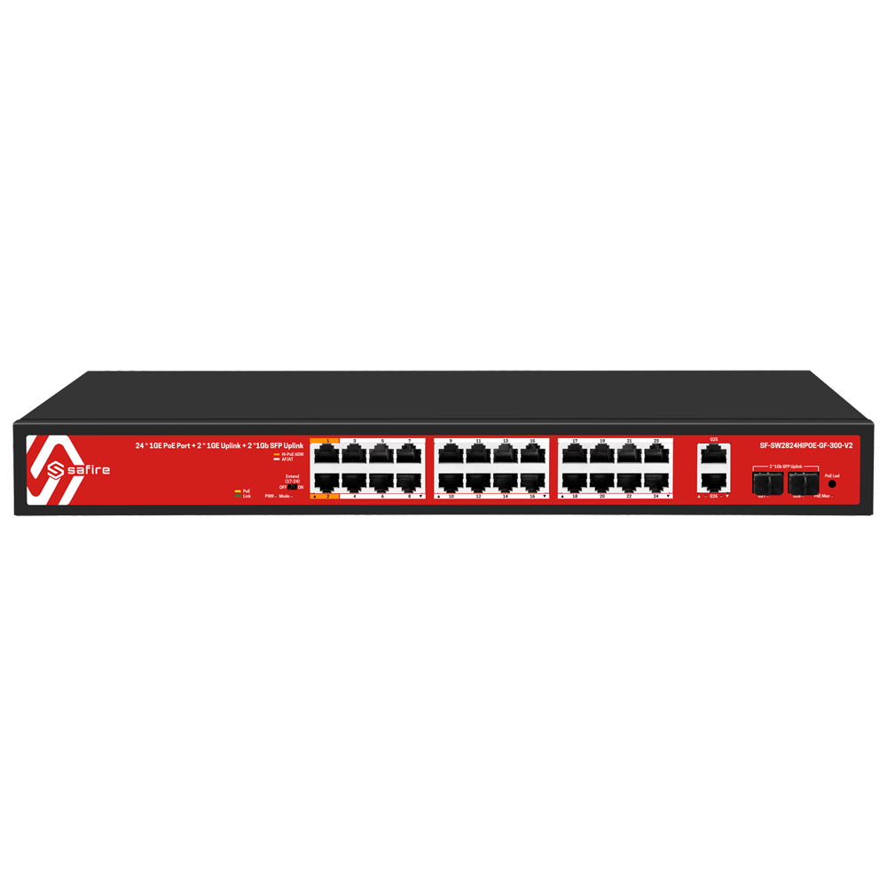 Safire Switch Hi 24 puertos PoE + 2 SFP + 2 RJ45 SF-SW2824HIPOE-GF-300-V2