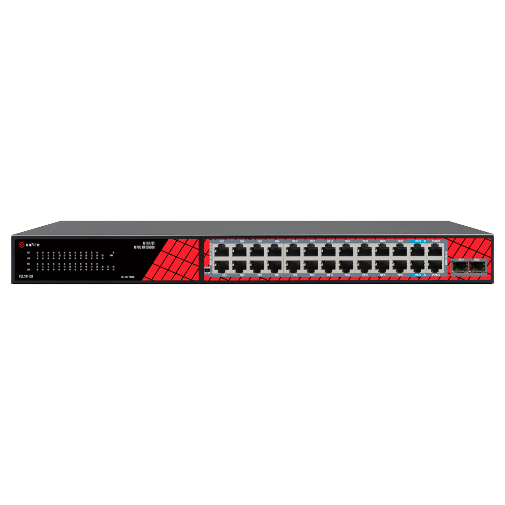 Safire Switch Hi 24 puertos + 2.5GE SFP Uplink + 2 Uplink RJ45 SF-SW2824HIPOE-GMF-300