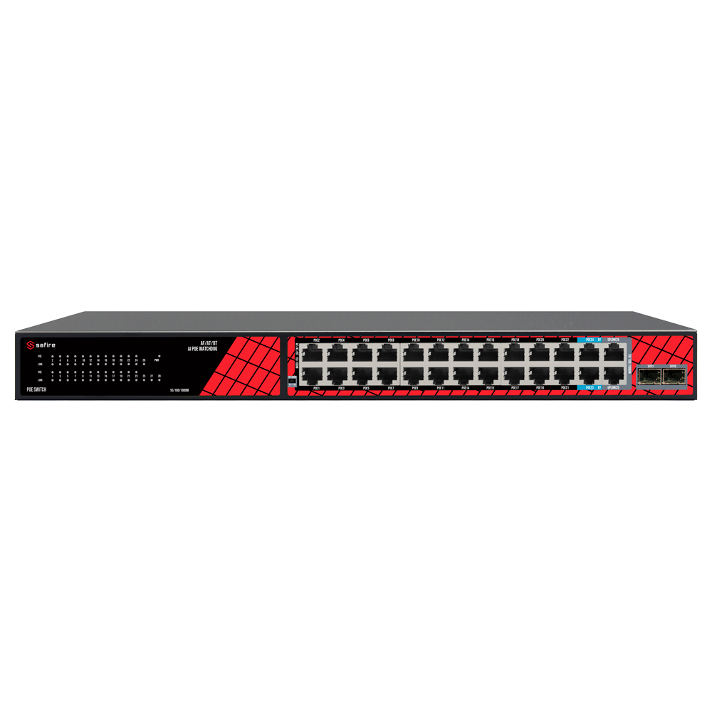 Safire Switch Hi 24 puertos PoE + 2 RJ45 Uplink + 2*MGESFP Uplink SF-SW2824HIPOE-MF-300