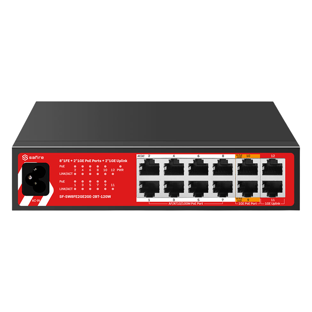 Safire Switch Hi 10 puertos PoE + 2 Uplink RJ45 SF-SW8FE2GE2GE-2BT-120W