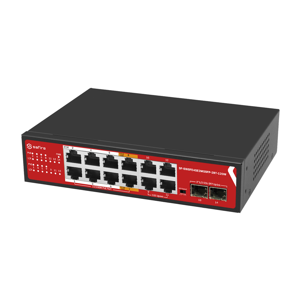 Safire Switch Hi 8 puertos FE PoE + 4 puertos RJ45 + 2x2.5GE SFP SF-SW8FE4GE2MGSFP-2BT-120W