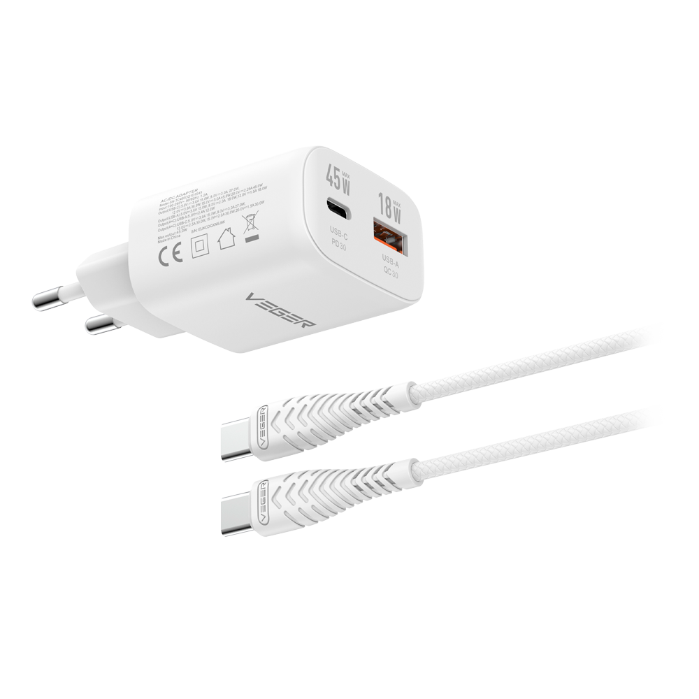 Veger Cargador de pared con cable incluido color blanco VG-TC101-Kit-45W1A1C