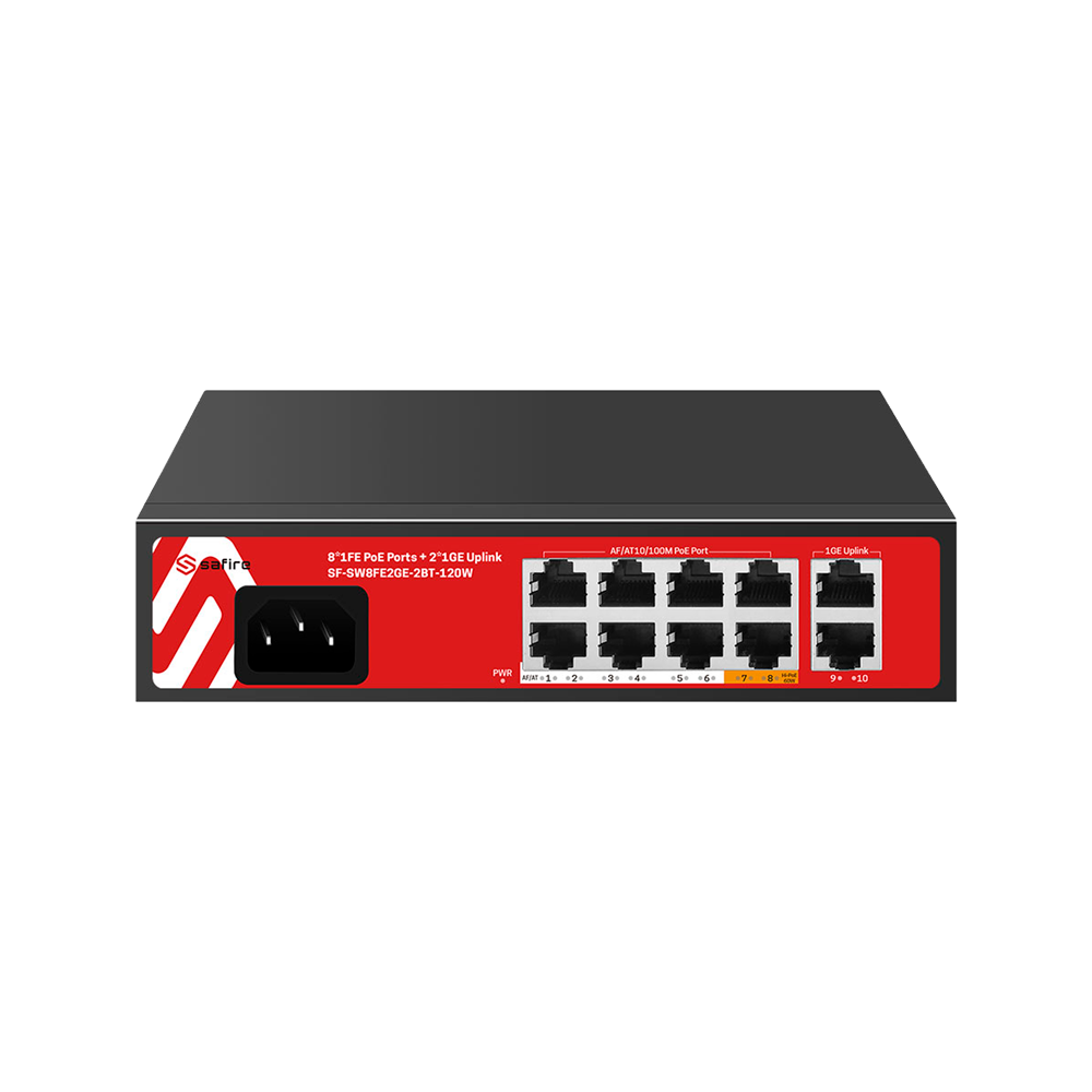 Safire Switch Hi 8 puertos FE PoE + 2 Uplink RJ45 SF-SW8FE2GE-2BT-120W