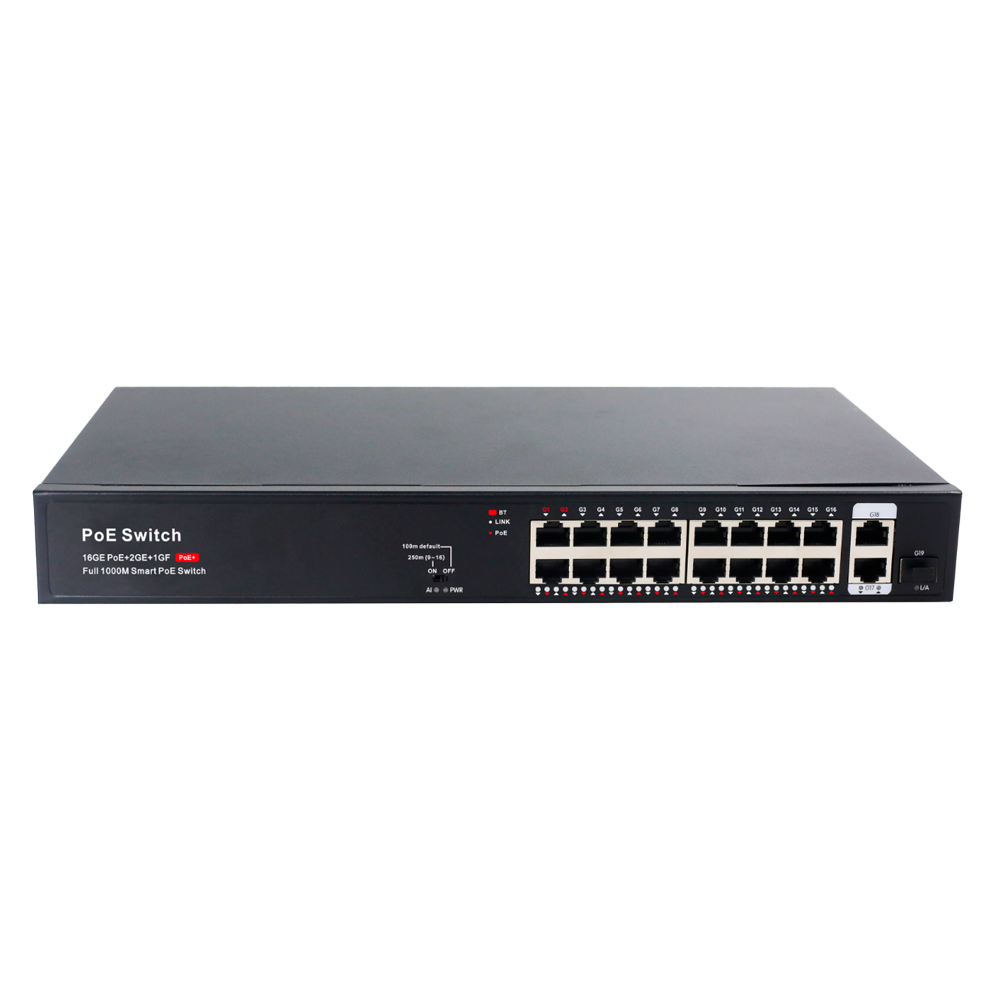 CCTV & Alarmas Switch PoE 16 puertos RJ45 + 2 RJ45 Uplink + 1 SFP Uplink SW16GE2GE1SFP-2BT-250W