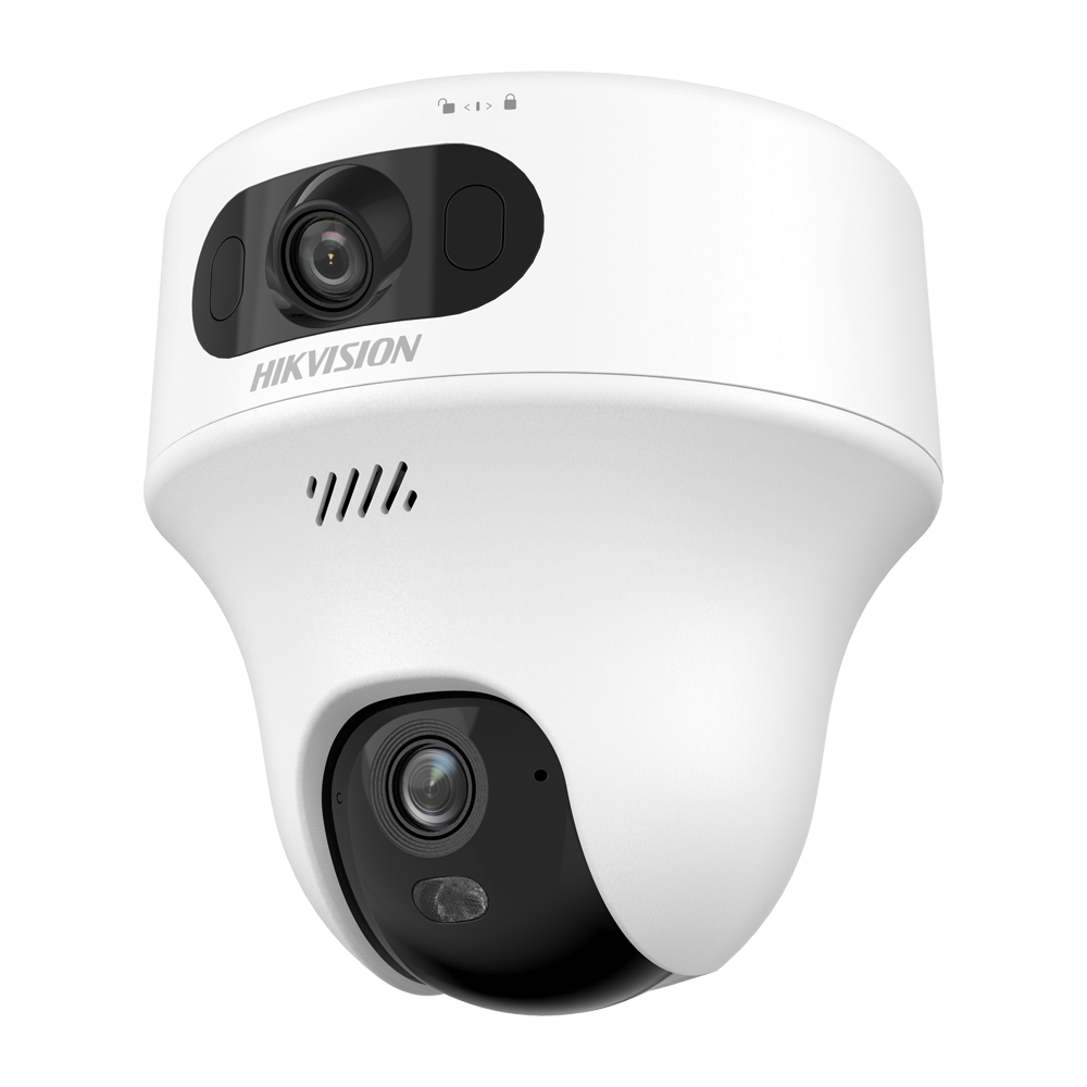 Hikvision Cámara PT IP gama Value 2 lentes fijas: Lente 1: 2.8 mm, Lente 2: 4 mm color blanco 6 MP, Doble Lente: 2.8 mm fija, 4 mm fija, PoE DS-2CFWQ6-D(2.8+4mm)